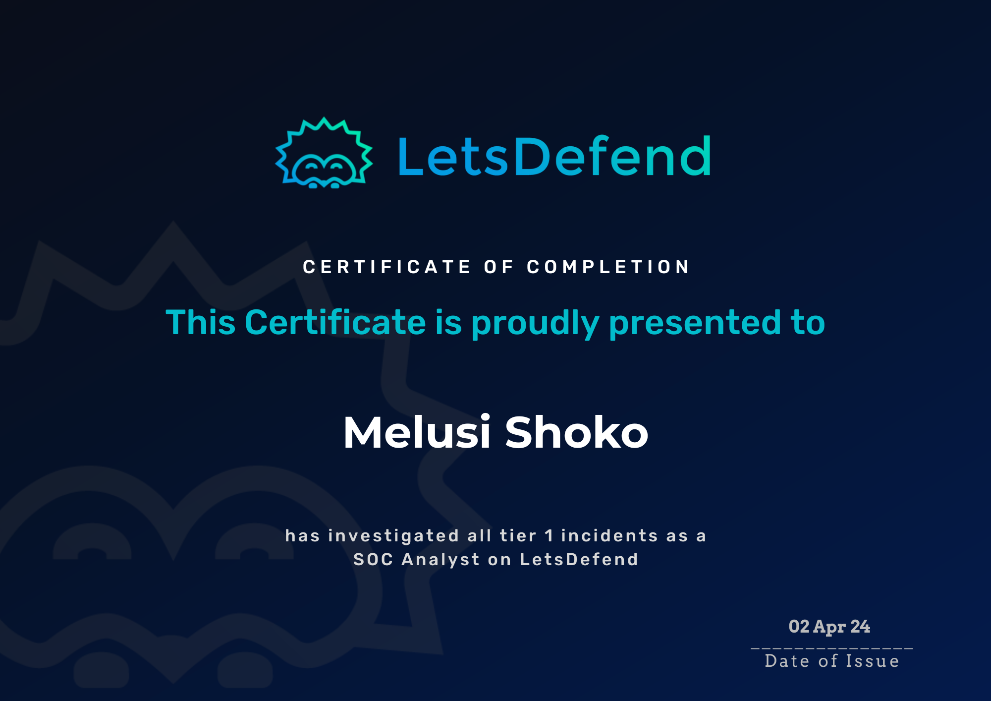 LetsDefend Cyber Defense Certificate